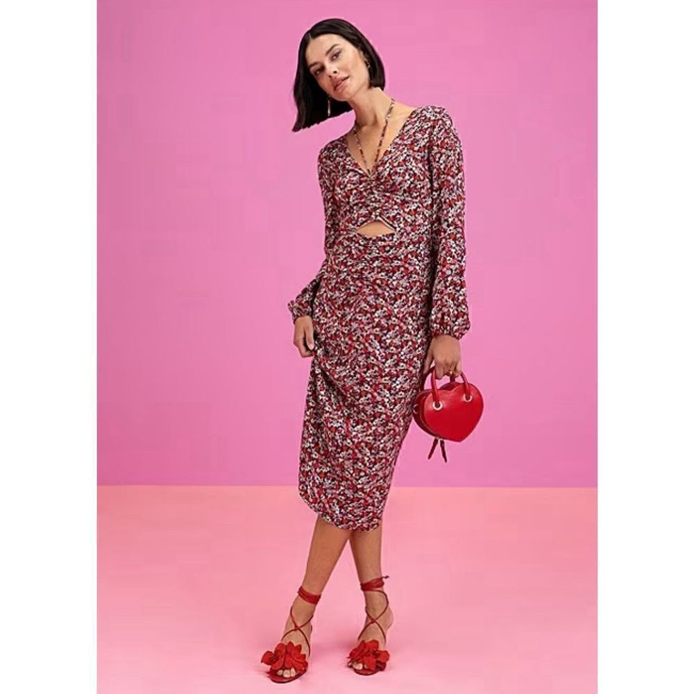New Floral Print Chiffon Halter Neck Long Sleeve Front Cut-Out Midi Dress